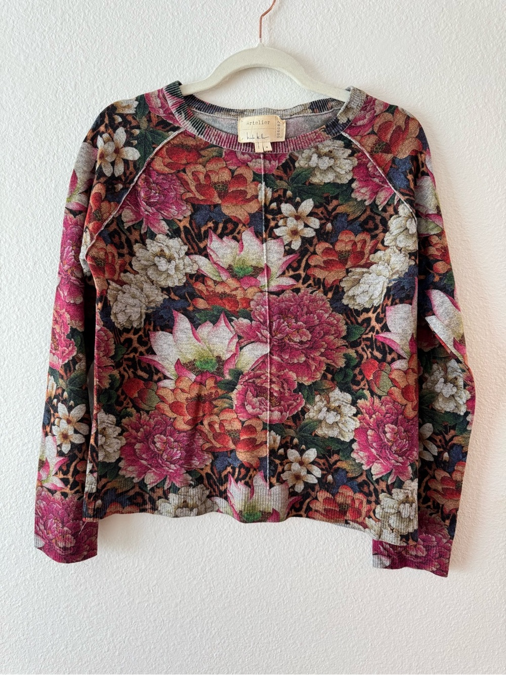 Nicole Miller Leopard Floral Crewneck Sweater - Multi Pink